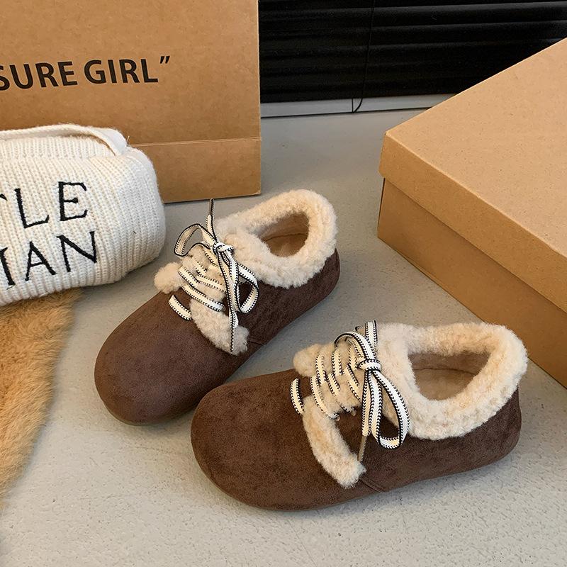 Fleece Warm Cotton Shoes 2024 Autumn and Winter Retro Round Head Lace-up Versatile Flat Bottom Non-slip Women's Single Shoes