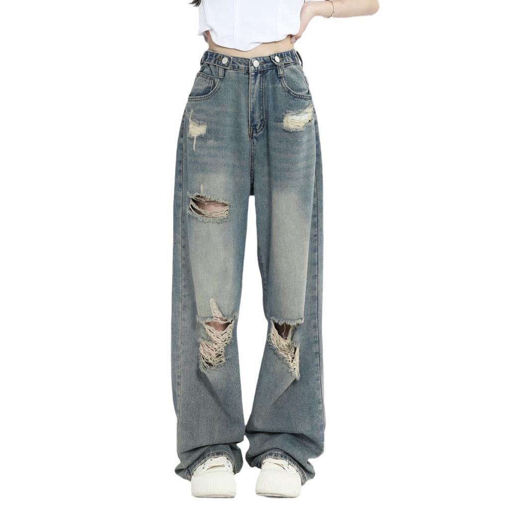 American Retro Ripped Jeans for Women High Waist Straight Loose Slimming Design High Street Vibe Wide Leg Floor-Length Pants