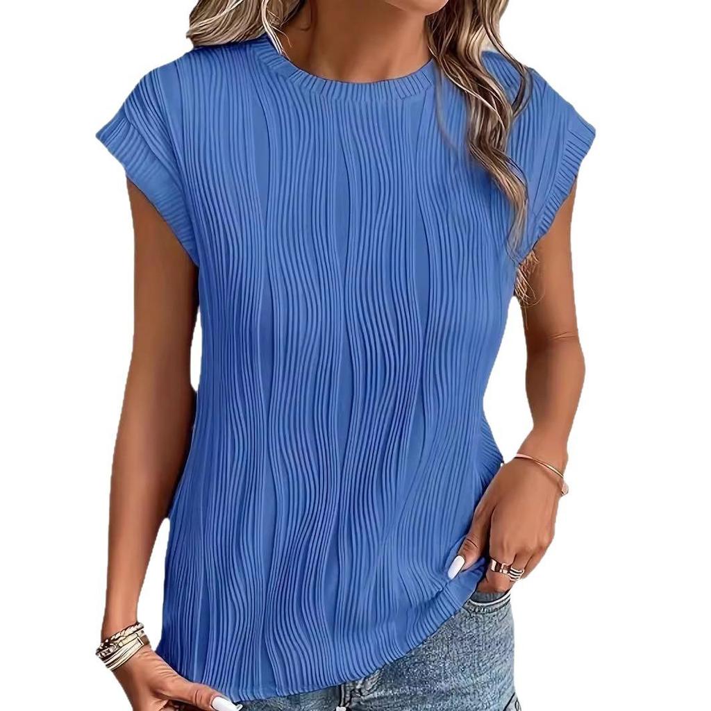 2025 Women's European & American Fashion Textured Round Neck Short Sleeve T-Shirt