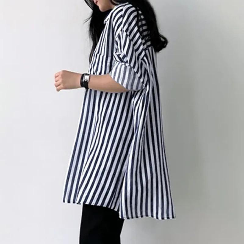 Frauen Drehen Unten Kragen Langarm Bluse Tops Frühling Sommer Lose Beiläufige Streifen Shirts