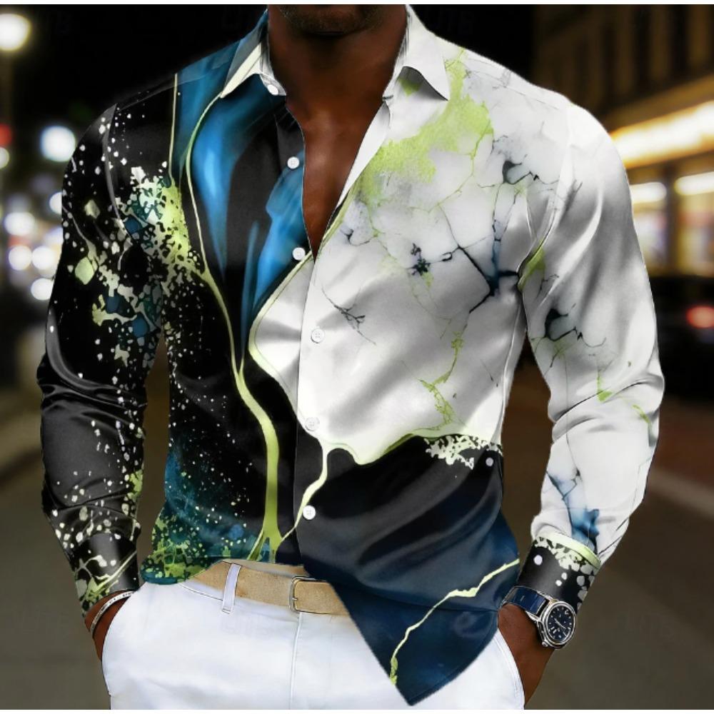 Men's Marble Printed Long Sleeve Shirts Casual Cardigan New Button Holiday Fashion Shirts