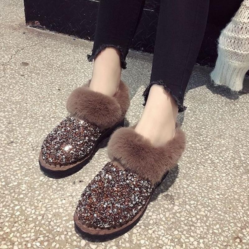 Mode Pailletten Flache Stiefeletten Winter Runde Zehen Damen Schneestiefel Sale Plüsch Warmes Schuhwerk New Rock Mode 2025 Y2k Fellige Damenschuhe