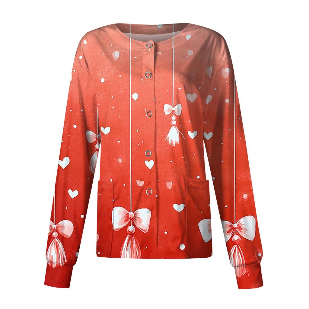 Women's Casual Fashion Long Sleeve Standing Collar Single Breasted Valentine's Day Print Workwear Jacket Tops