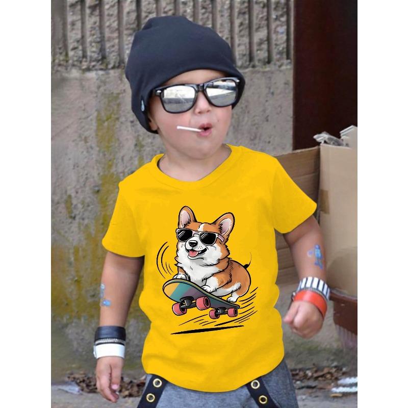 

European Size Boys Round-neck Short-sleeved T-shirt with Cartoon Corgi Skateboard Pattern Print 164cm жовтий