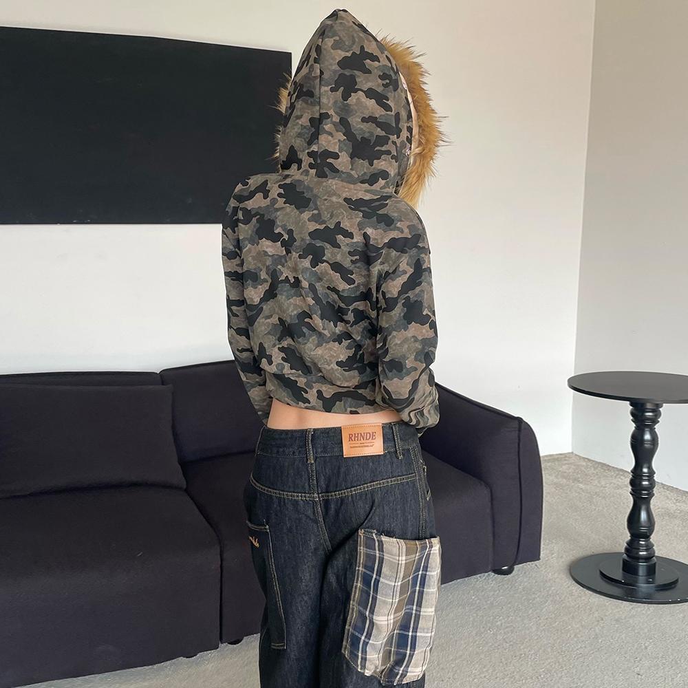 Streetwear Zip Hoodies Camo Embroidered Sequins Y2K Womens Clothes Hip Hop Retro Harajuku Gothic Punk Cropped Hoodies Sweatshirt