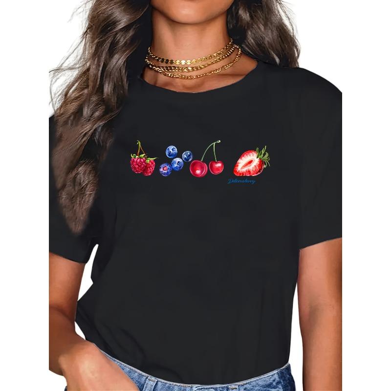 

European Size 1pc Assorted Fruits Graphic Tee, Casual Crew Neck Short Sleeve T-Shirt, Knit Fabric with Slight Stretch 4XL
