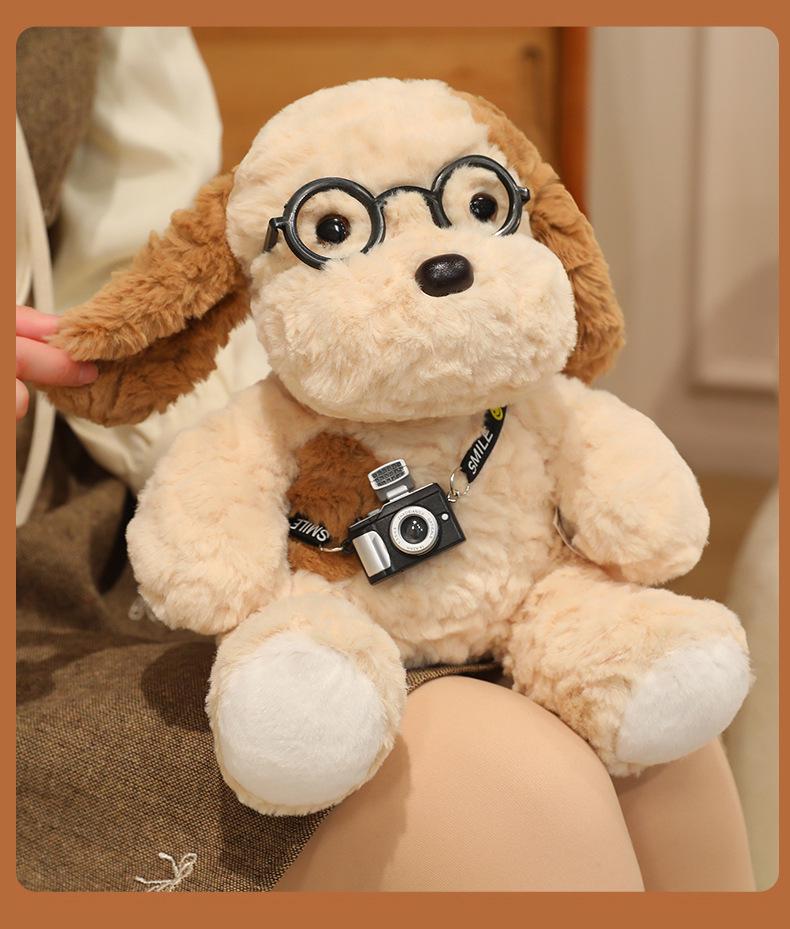 Adorable Egg Tart Camera Plush Dog Doll with Cute Glasses - Healing Companion Toy