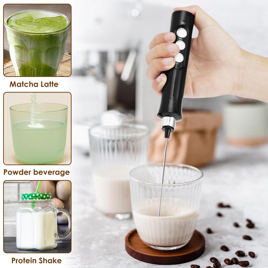 Handheld Electric Milk Frother with 2 Heads, Coffee Whisk Foam Mixer with USB Rechargeable 3 Speeds, Foam Maker Blender