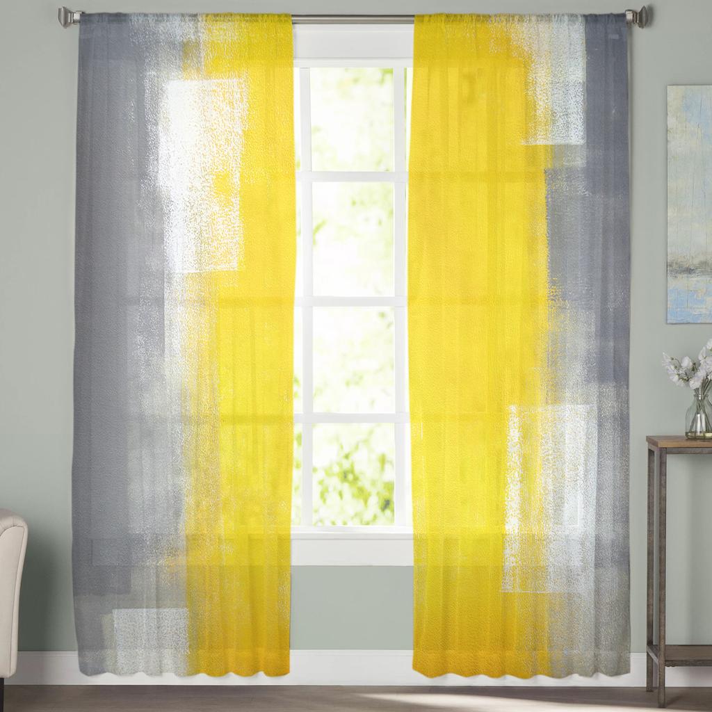 Yellow Gray Abstract Art Texture Tulle Curtains Living Room Bedroom Kitchen Window Treatment Chiffon Curtain Blinds Light Filtering Polyester Decor