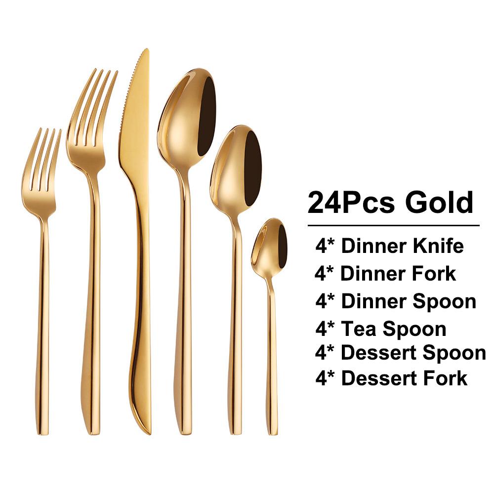 6/16/20/24/28Pcs Gold Tableware Stainless Steel 304 Cutlery Set Mirror Dinner Set Western Knife Fork Spoon Elegant Flatware