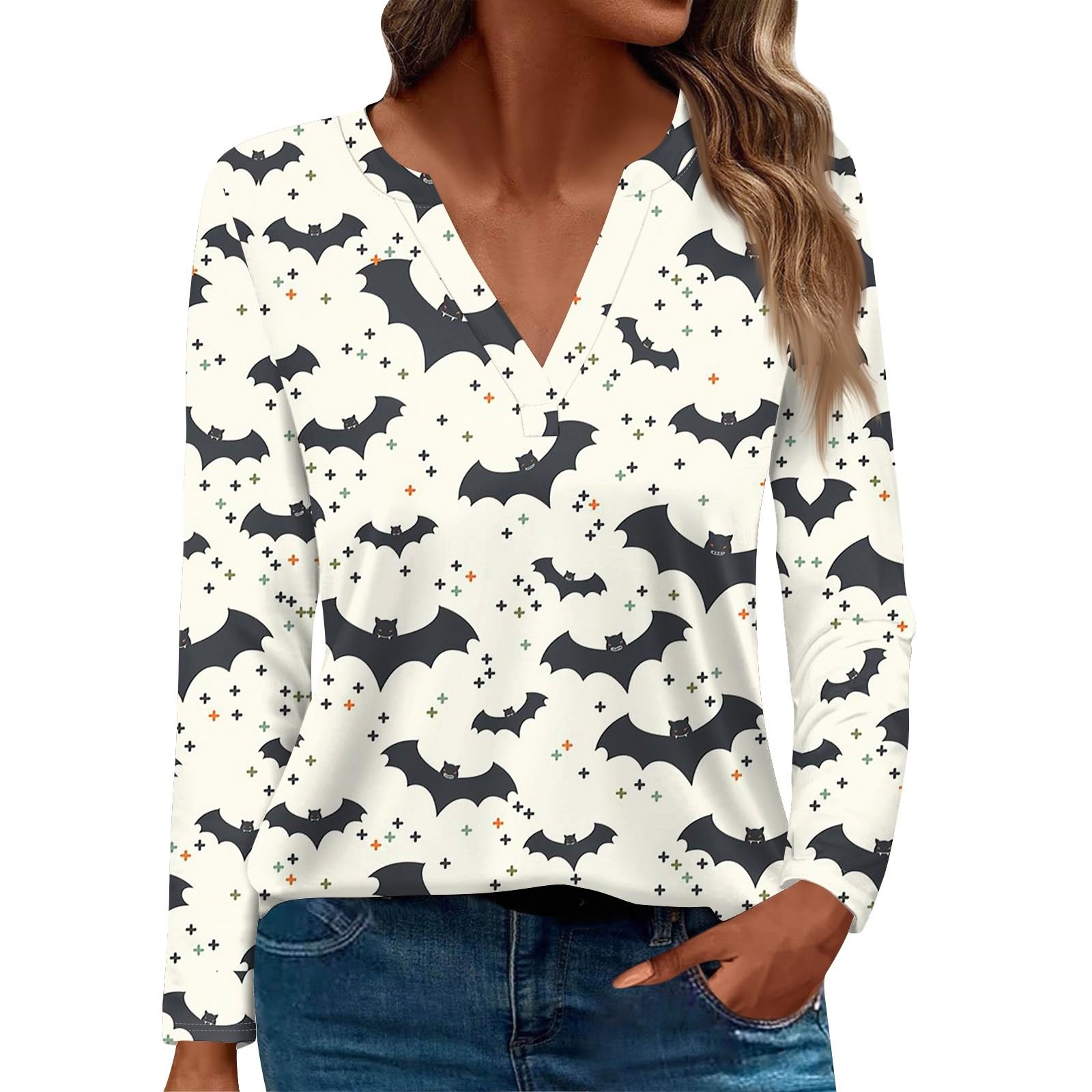 

Женская футболка Футболка Хэллоуин С принтом Длинный рукав Повседневные Выходные Мода Классический V-образный вырез Обычный Топ XXXL бежевый