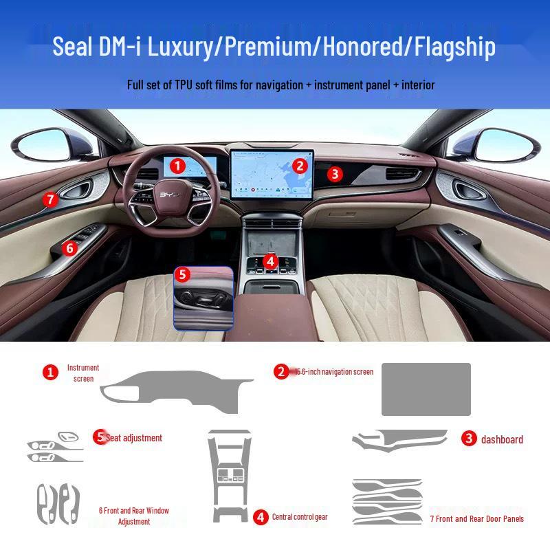 BYD Seal Interior Film Set: Dashboard, Screen, Gear Shift, Air Conditioner Stickers, HD TPU, fits 25 models
