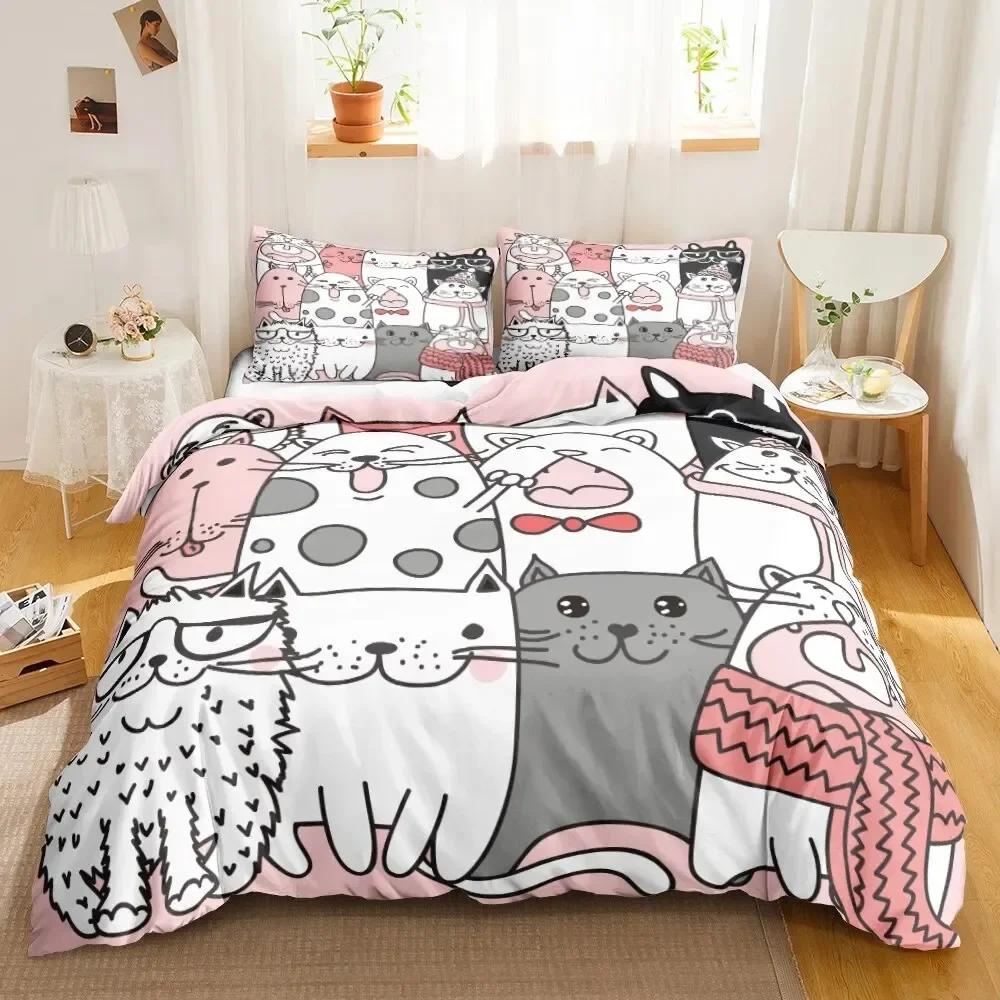 Cat Cartoon Cute Kitten Comfortable Duvet Quilt Cover Pillowcase Bedding Set Children Bedroom Decoration Home Textile