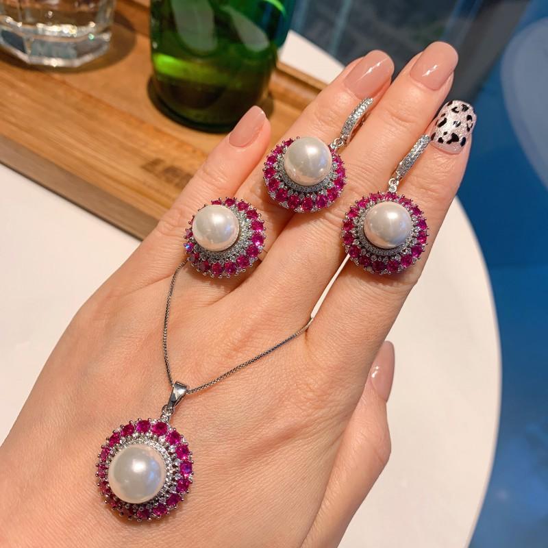 Vintage Pearl Earring Necklace Ring Set Women Micro-Set Red Corundum Inlay Elegant Minimalist Jewelry Gift
