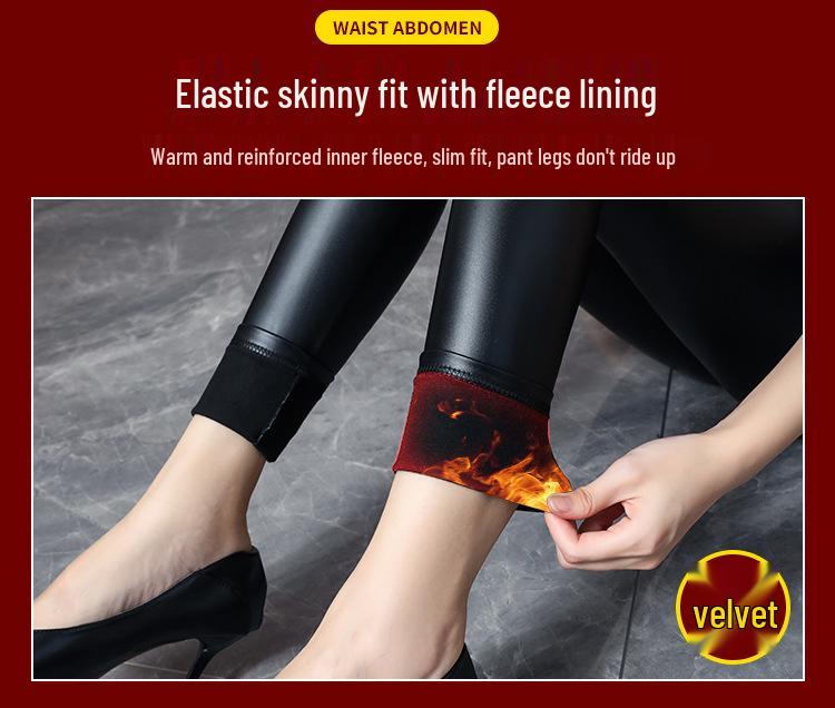 Women's High-Waisted PU Leather Pants with Velvet Lining, Slim Fit, Windproof & Waterproof, Perfect for Autumn/Winter.