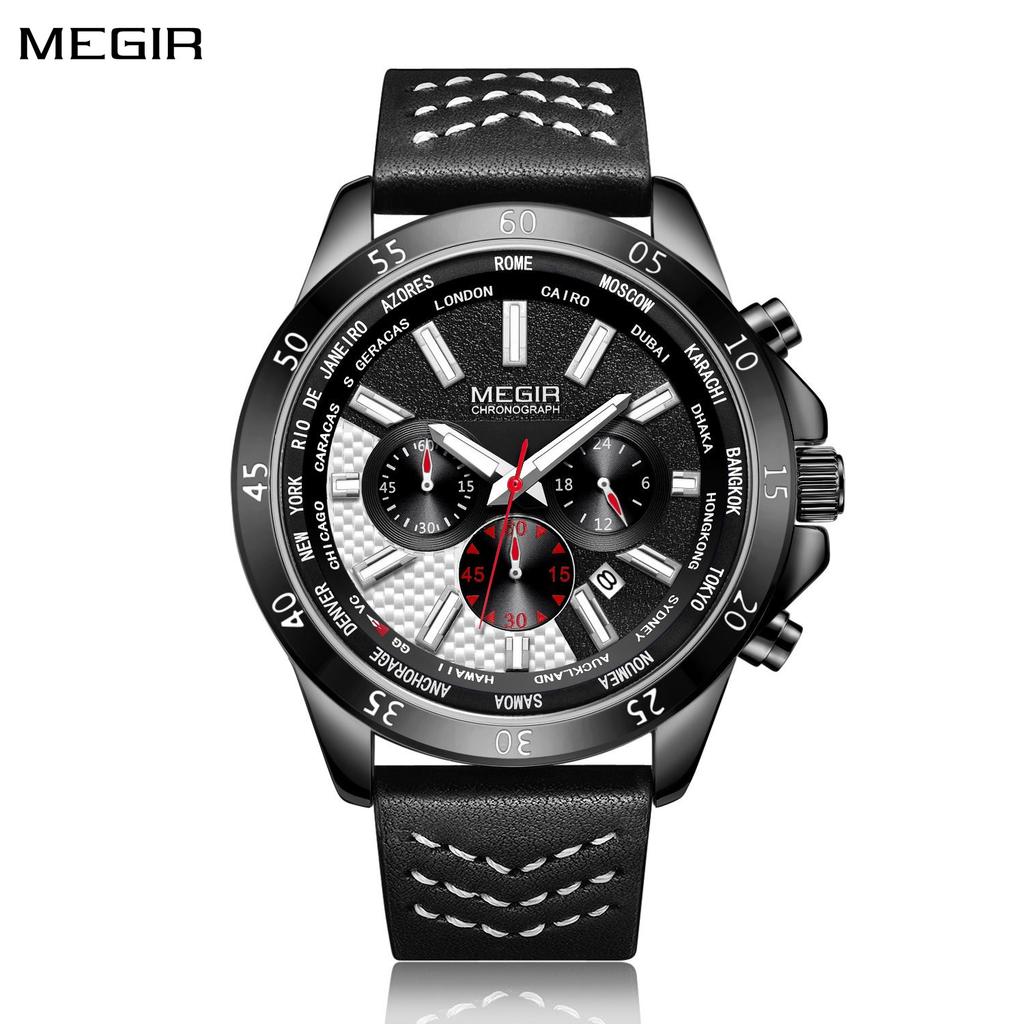 MEGIR Sports Watches for Men Luxury Quartz Clock Chronograph Leather Fashion Casual Wristwatch Military Watch Reloj Hombre 2103