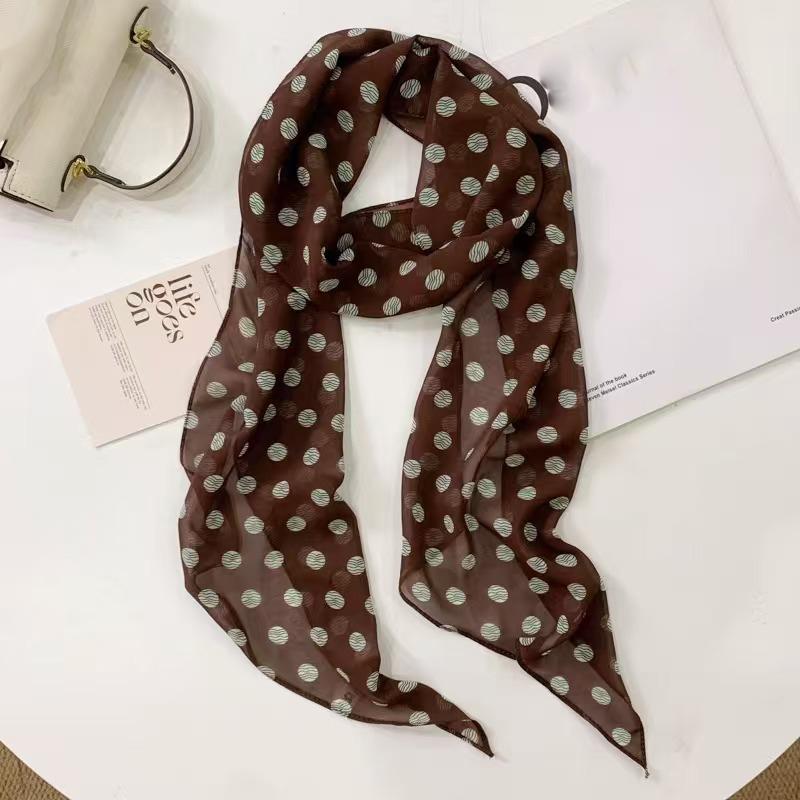 

2025 новый стиль Инс коричневый шифоновый в горошек длинный шелковый шарф многофункциональный аксессуар на шею женская повязка на голову галстук полотенце для волос 24x185cm коричневый