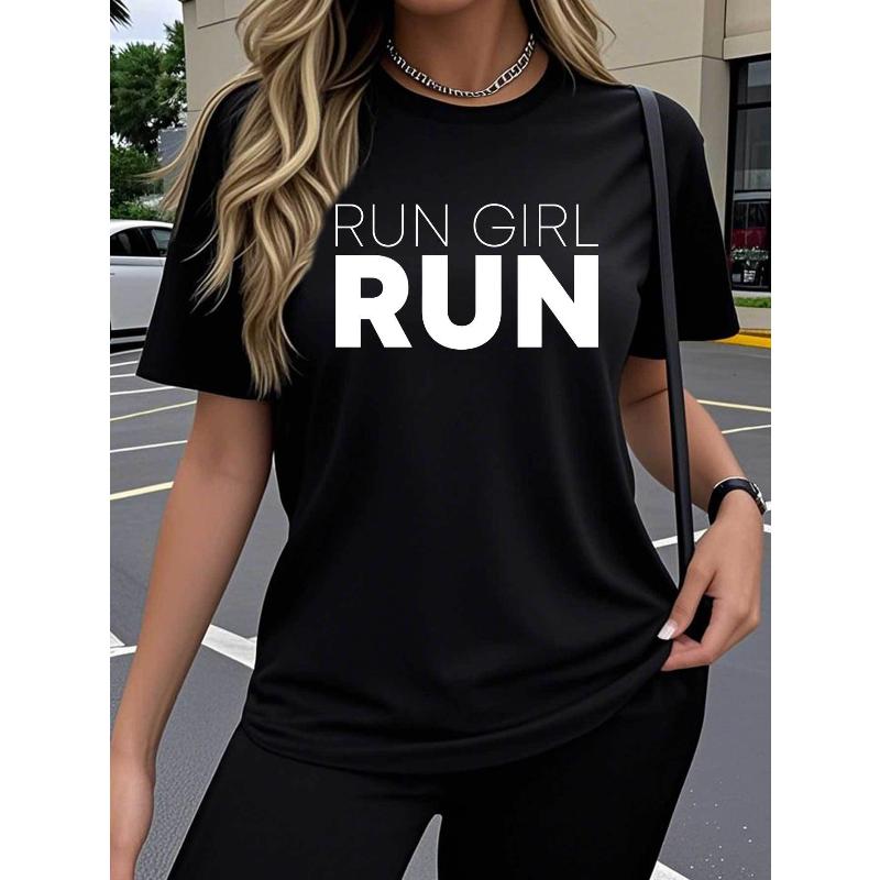 A Women'S Short-Sleeve T-Shirt Featuring a Creative RUN Running Design with Trendy And Fun Prints. It Has a Stretchy Round Neck