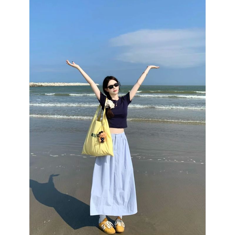 Kumikumi Fashion Set Solid round Neck Short sleeve T-shirt Women Summer High Waist Skirt Large Swing Skirt Two-piece Set