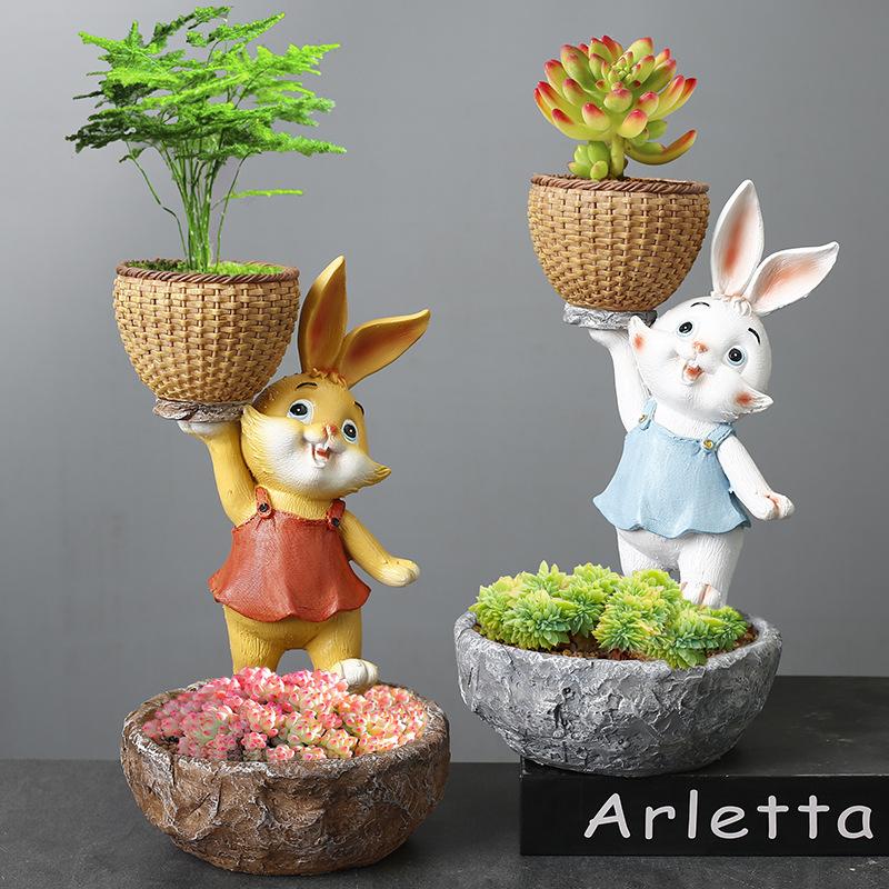 Resin Cartoon Animal Simulation Rabbit Succulent Green Plant Flower Pot Ornament Courtyard Outdoor Garden Ornament
