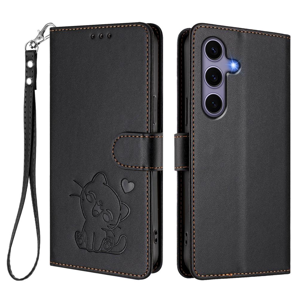 Pro Samsung Galaxy S24/Galaxy S25 Peněženkové pouzdro s poutkem na zápěstí Vzor Love Cat Ražba Kožený kryt na telefon