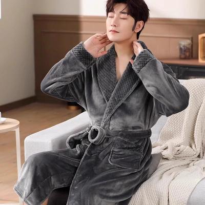 Extra Long Men's Coral Fleece Bathrobe - Thick, Warm, Fleece-Lined Flannel Homewear Pajamas.