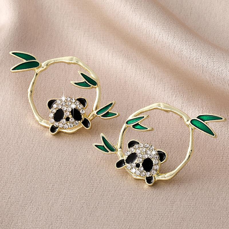 Chinese style bamboo leaf theme panda animal green leaf stud earrings bamboo round Guochao ancient style earrings