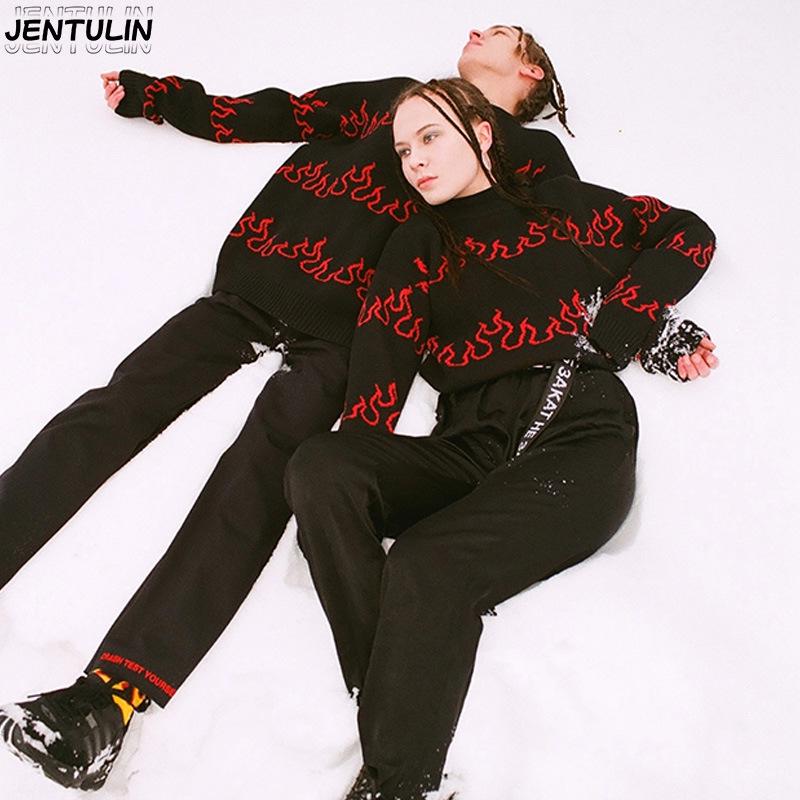Cross New Flame Jacquard Harajuku Knit Sweater - Autumn/Winter Warm Punk Loose Round Neck Pullover