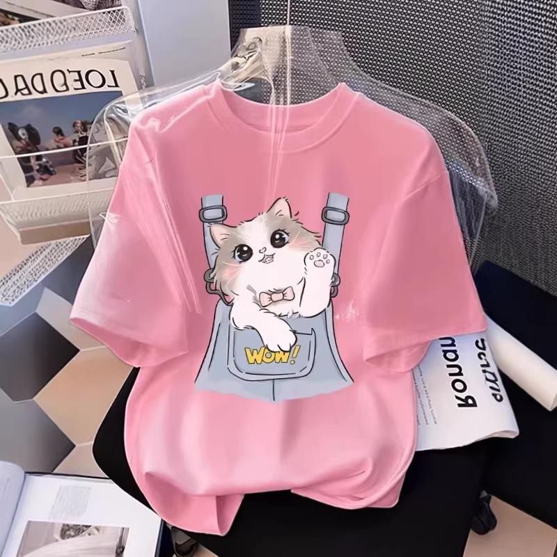 Cross-Border E-commerce Women's Cartoon Kitten Print Short-Sleeve T-Shirt, 2026 Summer, Plus Size, Loose Fit, Trendy Slimming Design.