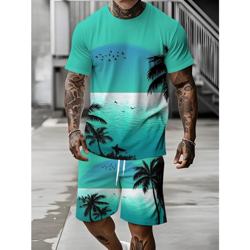 Men's Summer Vacation Short-Sleeve Shirt and Shorts Set Hawaiian-Style Fashion Set Men's Casual T-Shirts Outdoor Beach Shorts