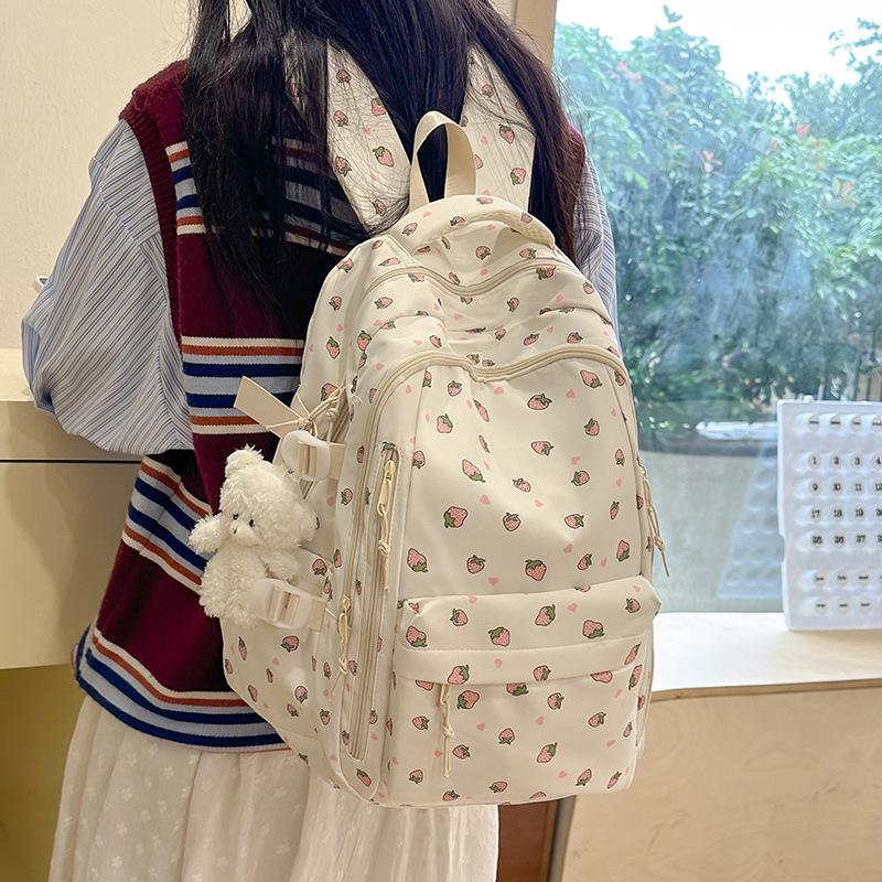 Schoolbag Korean Version Ins Strawberry Print Junior High School Student Sweet Wind Schoolbag Girl Campus Casual Versatile Small Fresh Backpack