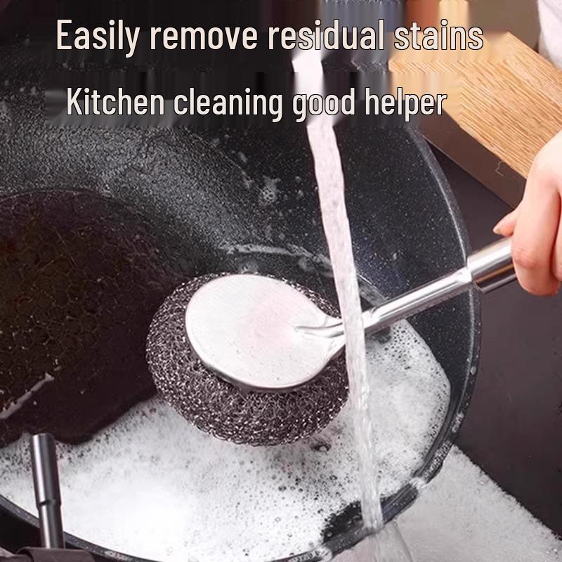 Stainless Steel Long Handle Pot & Bowl Brush with Non-Shedding Wire for Safe Dishwashing
