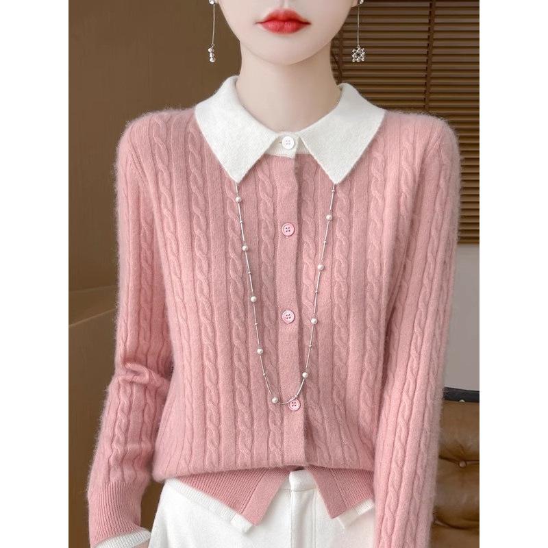 Pulover de damă cu mâneci lungi, cu rever, tricotat, de bază pentru femei