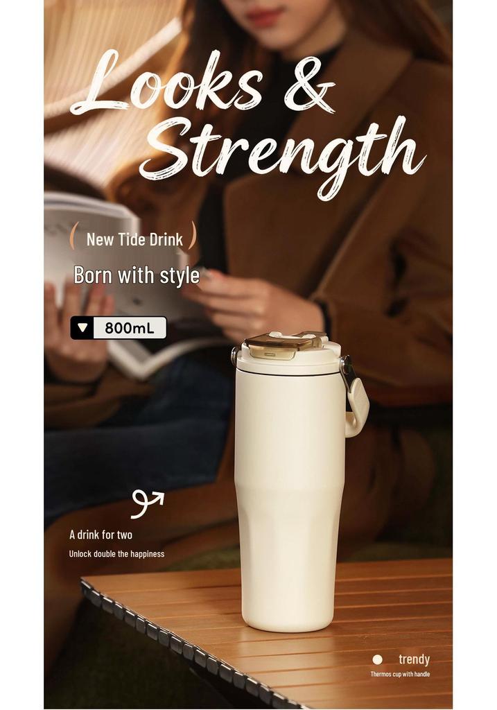 Ceramic Liner Large Capacity Travel Thermos Cup with Straw