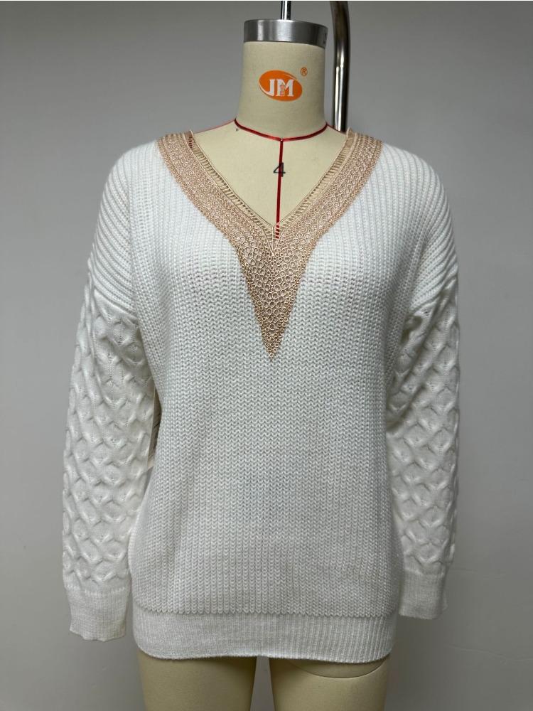 Autumn Winter Fashionable Sensual Lace V Neck Knit Drop Shoulder Pullover Sweater Top Luxurious Relaxed-fit Slimming and Versatile Top