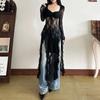 Long Sleeve Lace Flower Dress Ruffled Edge Transparent Dress Women Pleated Lace Dress  Party