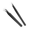 A-ITEM Tweezers, Set of 2, Curved & Flat Tip, Precision Work, Black