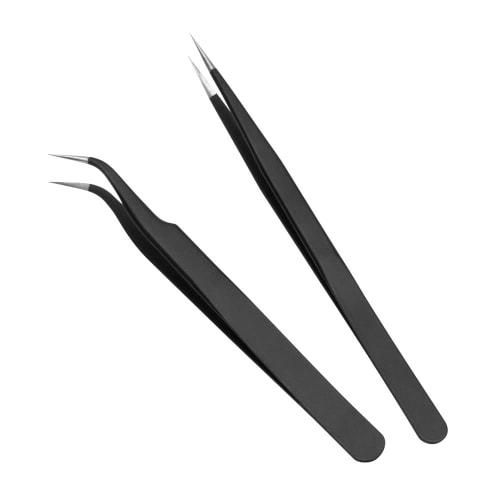 

A-ITEM Tweezers, Set of 2, Curved & Flat Tip, Precision Work, Black