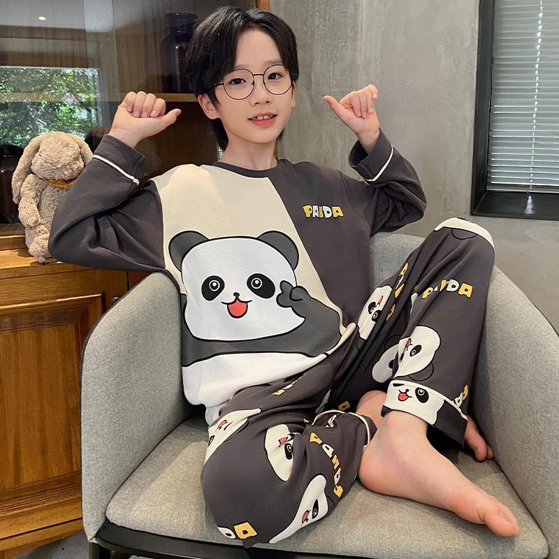 Boys Long Sleeve Cotton Pajamas Set Cartoon Print Sleepwear Kids Teens Home Outfit Fall