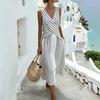 2026 popular European and American French striped cross strap V-neck vacation style sleeveless loose dress