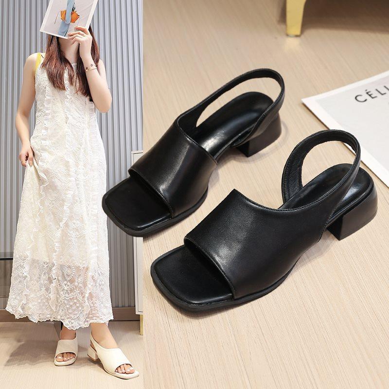 Summer cool slippers thick heel 2025 Rome new women's shoes square head black niche French retro sandals women