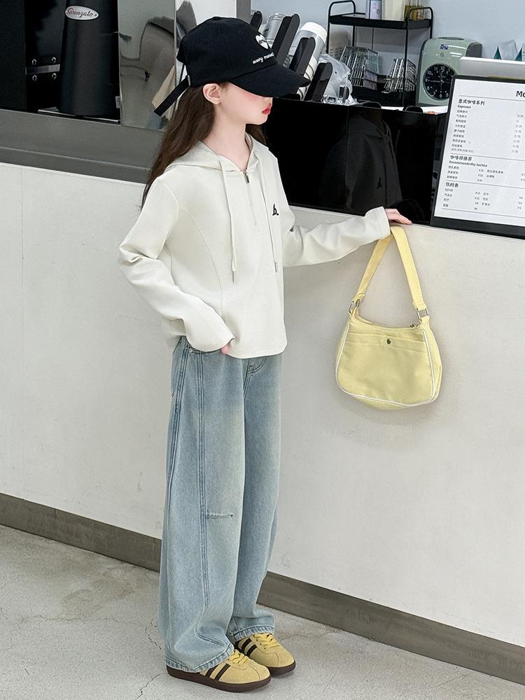 Girls' Spring & Fall Outfit Set: Zip Hoodie, Casual Base Layer, Jeans, Wide-Leg Pants