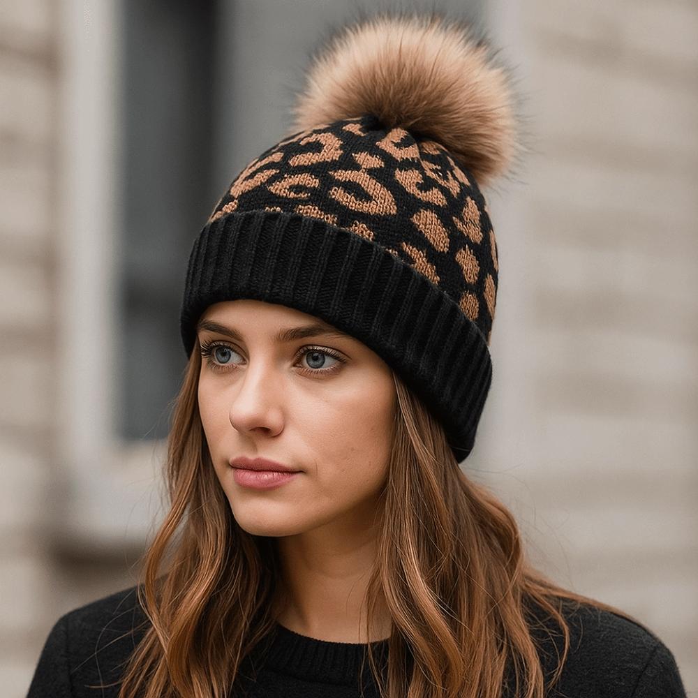 Cozy Leopard Print Hat Curled Edge Knitted Hat Casual Woolen Hat  Unisex