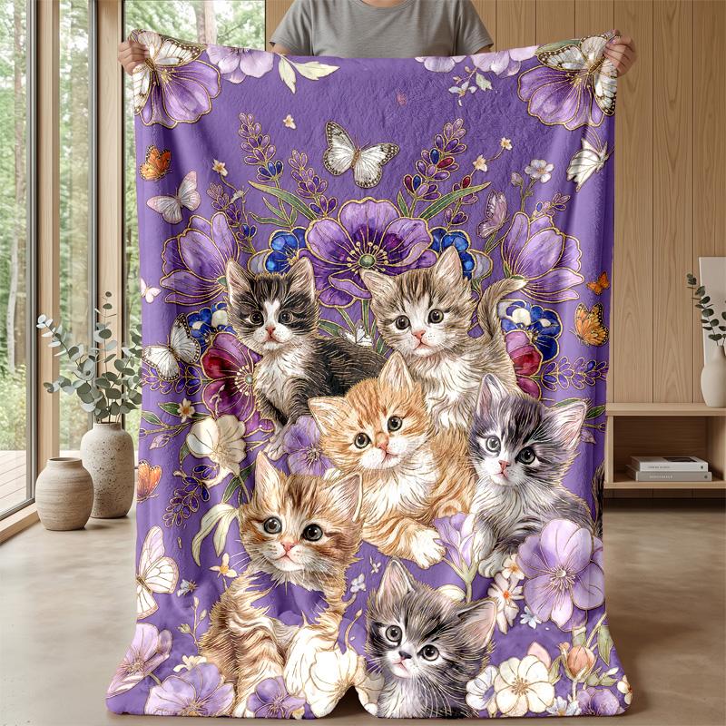 Floral Kittens Dreamscape Theme blanket Lightweight Warm Flannel Blanket Decorative Throw Blanket for Home Decoration