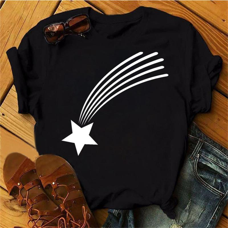 Maycaur Woman Star Moon Print Harajuku Summer Tshirts Casual Round Neck Short Slee Top Tee Shirt Women Black T-shirt Drop Ship
