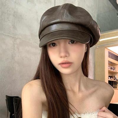 Boina de cuero con pico de pato sombrero de otoño e invierno para mujer sombrero octogonal de alta gama sombrero de pintor versátil