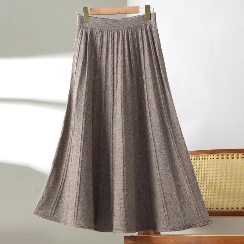 100% Pure Wool Women's Spring-Autumn Mid-Length High-Waisted Pleated A-Line Cashmere Knitted Umbrella Skirt