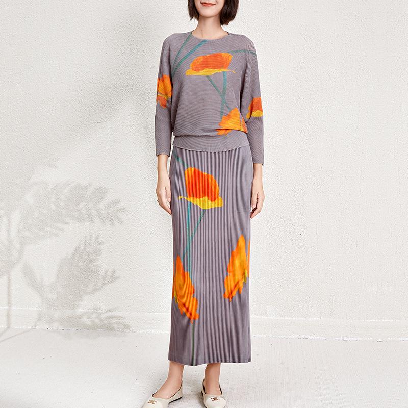 Mohnblumenmuster Damen Herbstmode Zweiteiler: Oberteil mit Fledermausärmeln & Midirock