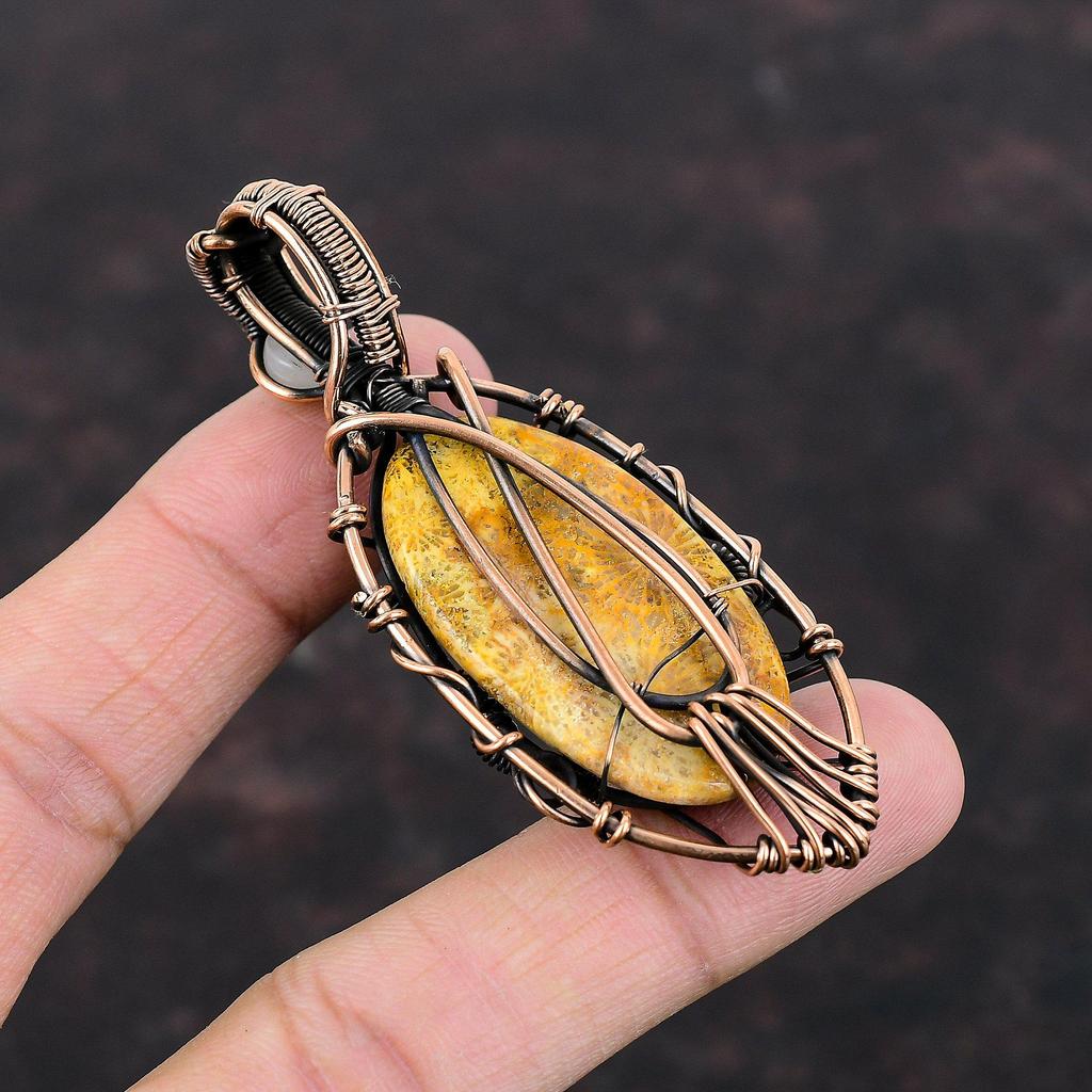 Evil Eye Fossil Coral Pendant Copper Wire Wrapped Pendant Moonstone Pendant Copper Jewelry Handmade Boho Pendant Gemstone Jewelry For Gift