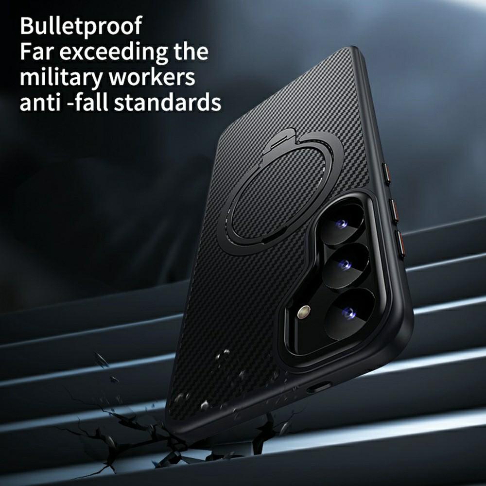 For Samsung Galaxy S25 Case Compatible with MagSafe PC+TPU Phone Cover Ring Holder Carbon Fiber Texture